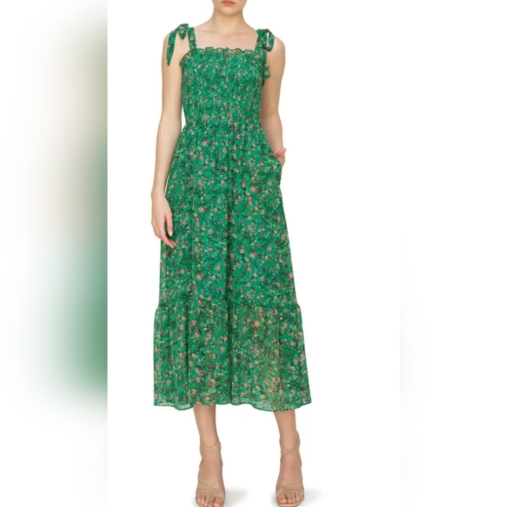 Melloday Floral Cottage Smocked Feminine Ruffled Pocket Midi Dress